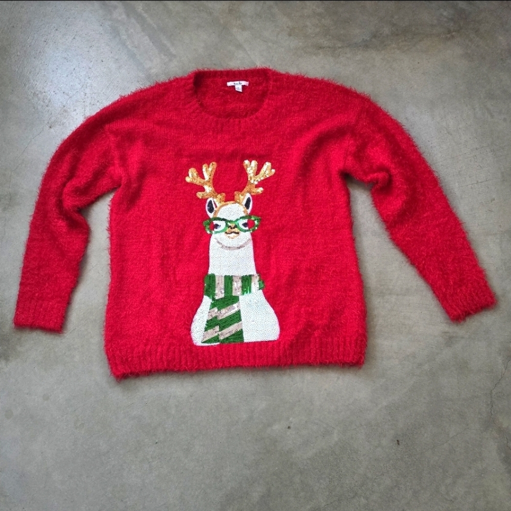Kela | Llama red Christmas sweater Cardigan  with Sequin front Size Medium